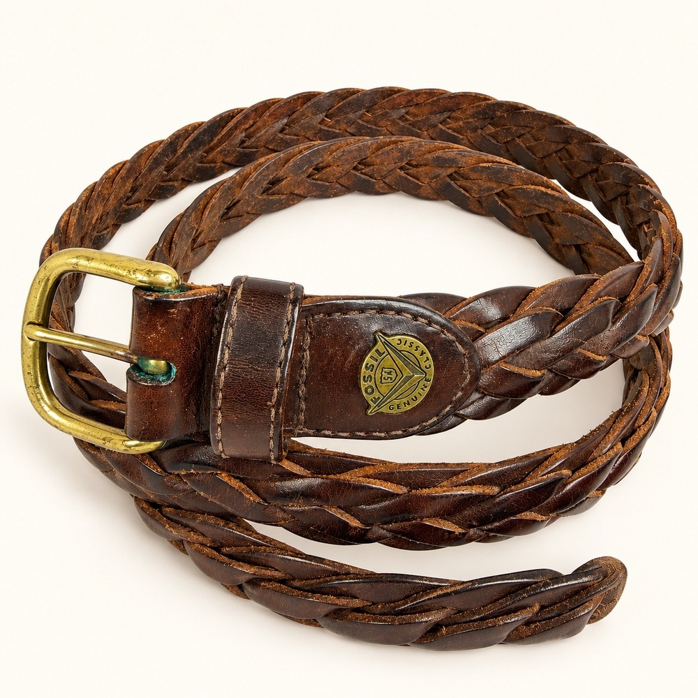Fossil Mens Braided Brown Leather Belt Solid Brass Buckle 40 MB4117200